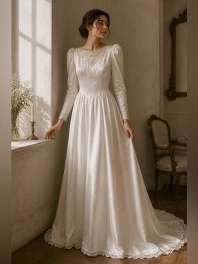 Vintage Yvette Sullivan Lace Pearl Wedding Dress Satin Bridal Gown Small